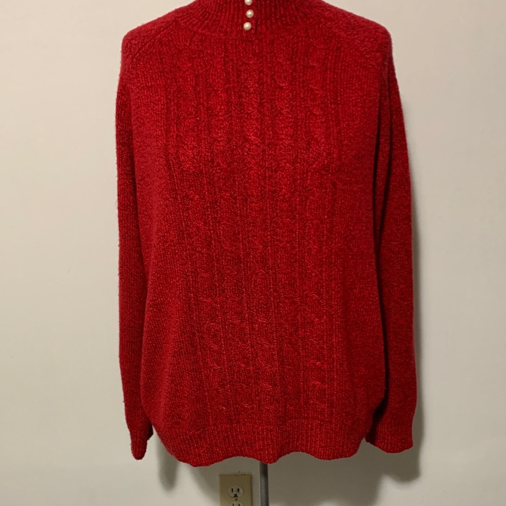 Karen Scott Red Cable Knit Turtleneck Sweater with Button Detail